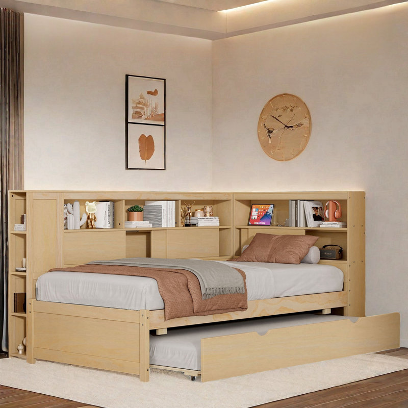 Avis Wood Daybed With Storage Shelves, Charging Station And Trundle, Natural