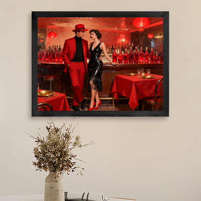 Art encadré noir, hommes et femmes élégants dans des bars, impressions rétro de style mural, H 17 po x l 25 po