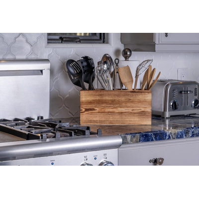 Wood Utensil Holder Organizer For Counter - Large Wooden Utensil Caddy For Countertop - 3 Compartment Cooking Tool Storage For Spatula - Farmhouse Kitchen Decor And Accessories