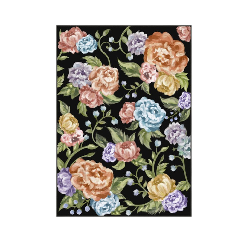Tapis lavable floral noir, vert et orange 9 pi x 12 pi