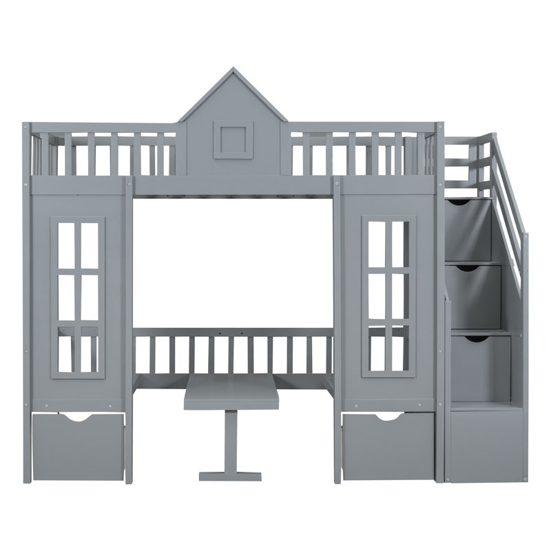 Twin-Over-Twin Bunk Bed With Changeable Table, Bunk Bed Turn Into Upper Bed And Down Desk, Grey