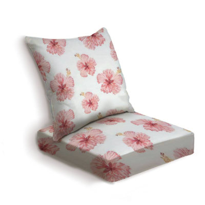 Pink Hibiscus Flowers On The White Outdoor/Indoor Deep Seat Cushions Set All Weather Deep Seat Chair Cushion Set For Patio Furniture, 2-Piece -  Red Barrel Studio®, 8BC957AC2F8E45DAACA49E33C3F0A693