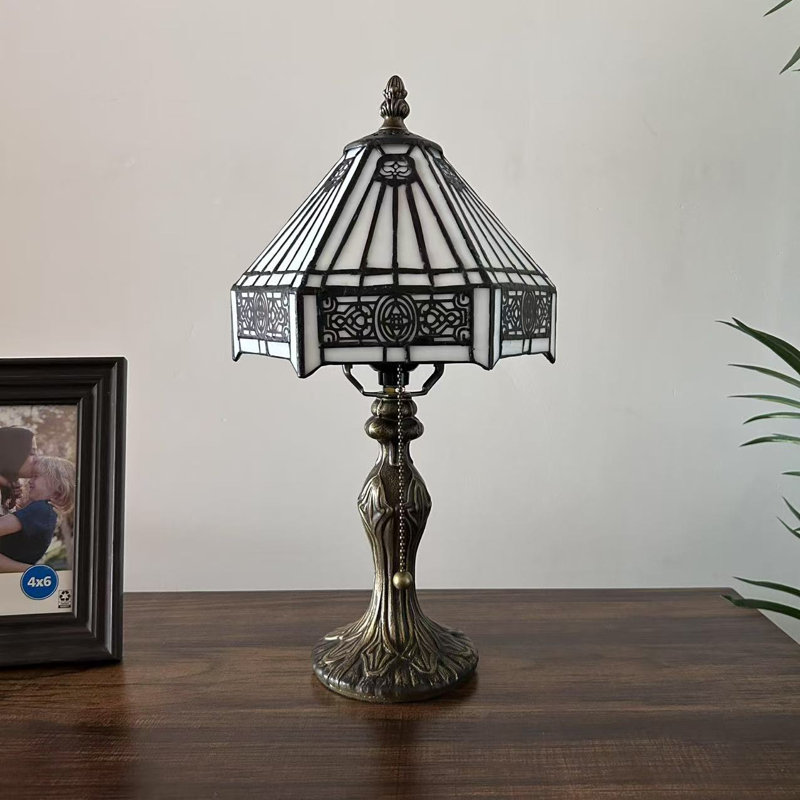 Hartle Tiffany Mini Table Lamp White Hexagon Stained Glass LED Bulb Included 8"W*8"D*15"H
