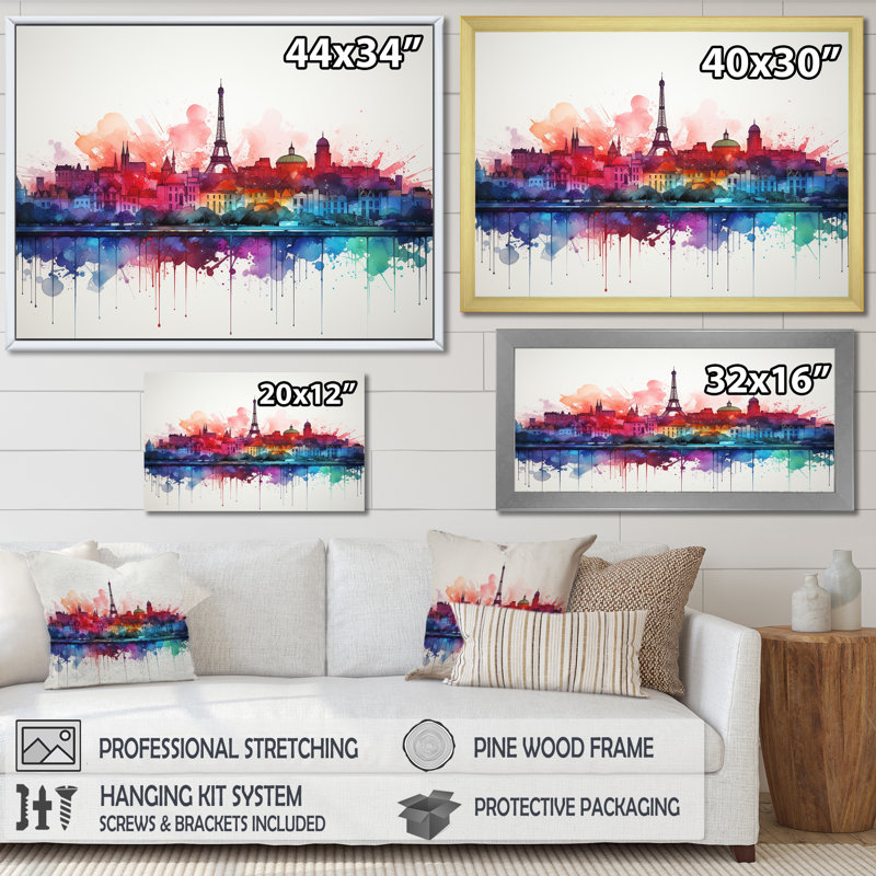 «Paris Skyline Eiffel Tower Vibrant Watercolor», reproduction sur toile, Cadre flottant noir, H 16 po x l 32 po x P 1 po