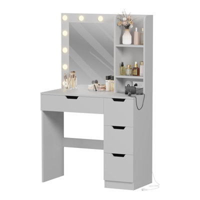 Modern Vanity Table for Bedroom with Mirror and Lights 4 Drawers and Built in Charging Station