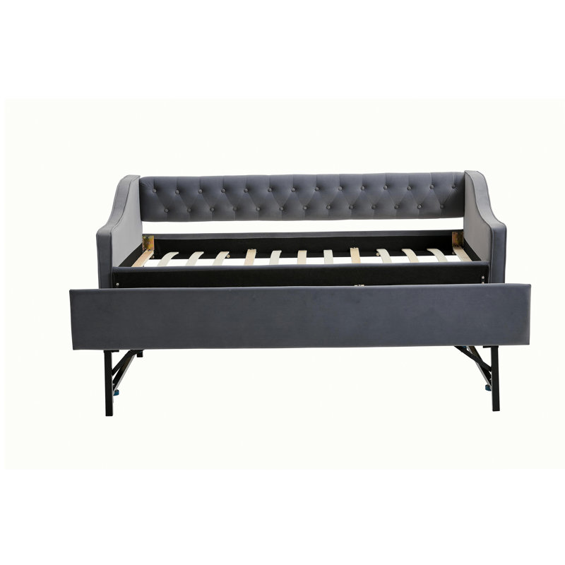 Twin Size Upholstered Daybed with Trundle,USB Port ,Side Pockets,Velvet Daybed with Button on Back and Piping on Waved Shape Arms for Bedroom Guest Room
