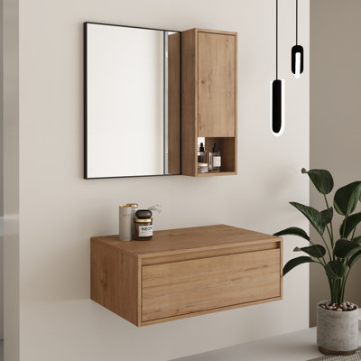 Ensemble de meuble-lavabo mural avec miroir et cadre noir avec étagère 30 po Yorenth - Table de maquillage flottante 30 po sans lavabo