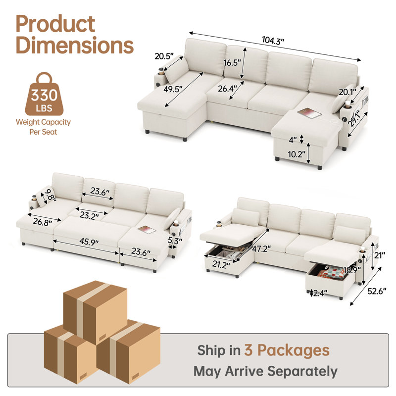 Canapé-lit en U escamotable 2 en 1 avec charge USB, chaise de rangement, porte-gobelet pour appartement, salon, Blanc
