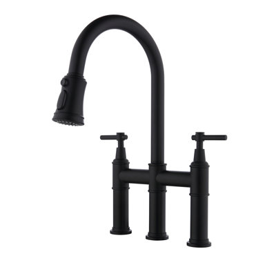 Matte Black Bridge Kitchen Tap With Pull-Down - Accurate Flow And Temperature Regulation, 360-Degree Rotating Nozzle, Brass Dual Handle For Fine Adjustment, Construction