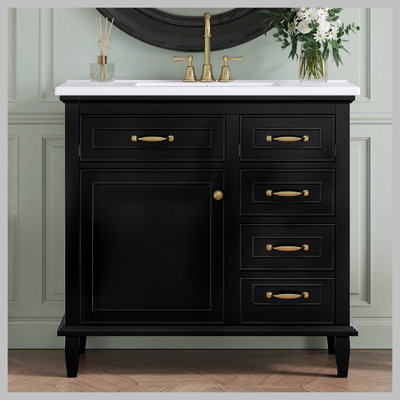 Meuble-lavabo de 36 pouces avec comptoir en céramique, structure en bois massif, armoire en bois aggloméré et peuplier, tiroirs rabattables, tablette réglable et poignées en alliage de zinc, armoire de rangement autoportante (robinet non inclus)