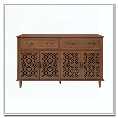 Vintage Sideboard Buffet Cabinet with Hand-Carved Geometric Doors, Distressed Light Wood Finish