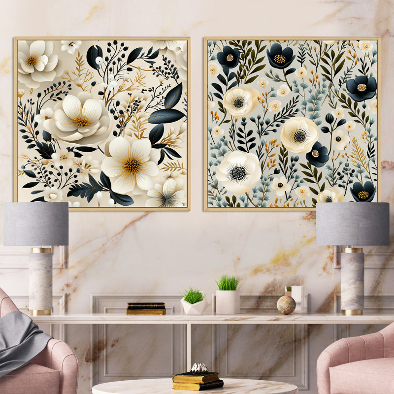 Blakely - Ensemble de 2 collages carrés floraux, H 16 po x l 33 po, Cadre flottant brun