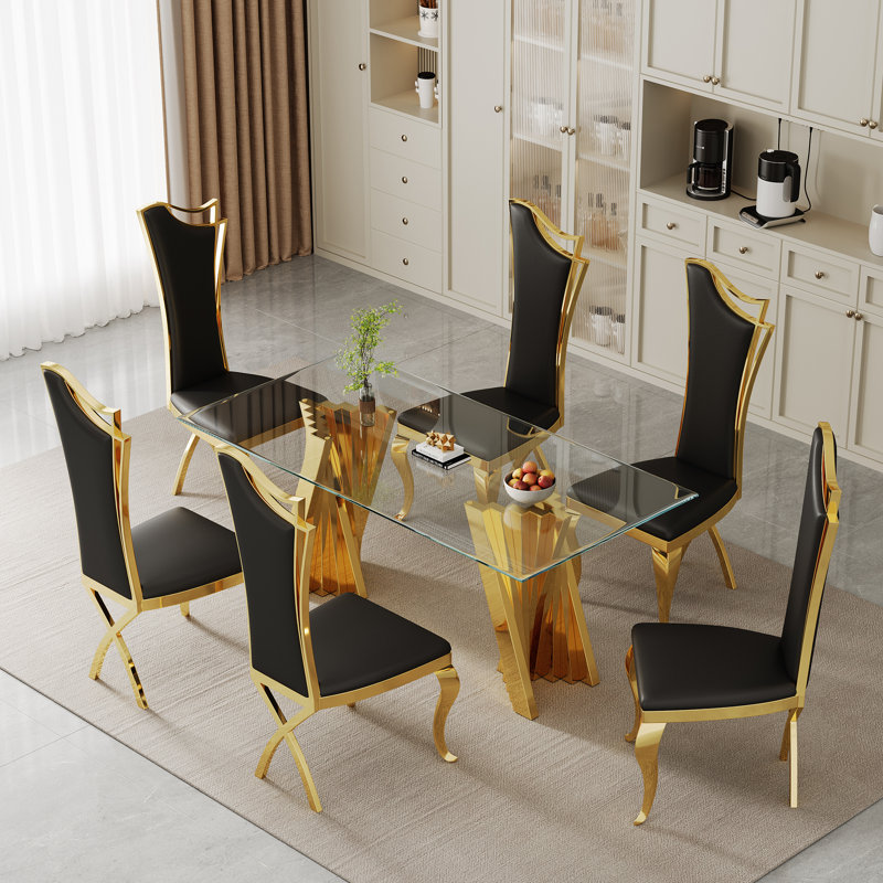 Ensemble repas, Doré, 5 pièces: table, 4 chaises, Noir et or
