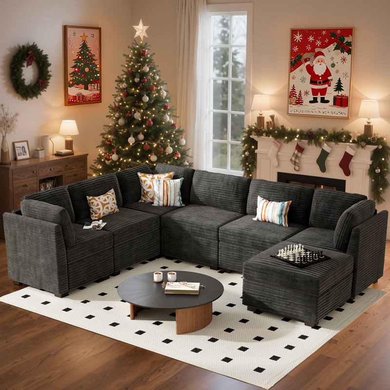 U/l-shaped Sectional Plush Corduroy Section Sofa Combination, 7 Seats, With Ottoman, Random Combination, Black Corduroy