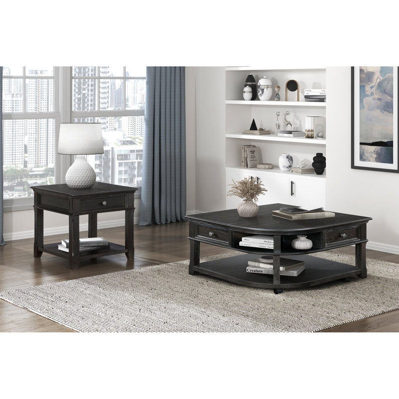 Table basse en bois gris anthracite, avec plateau relevable et tablettes de rangement supplémentaires