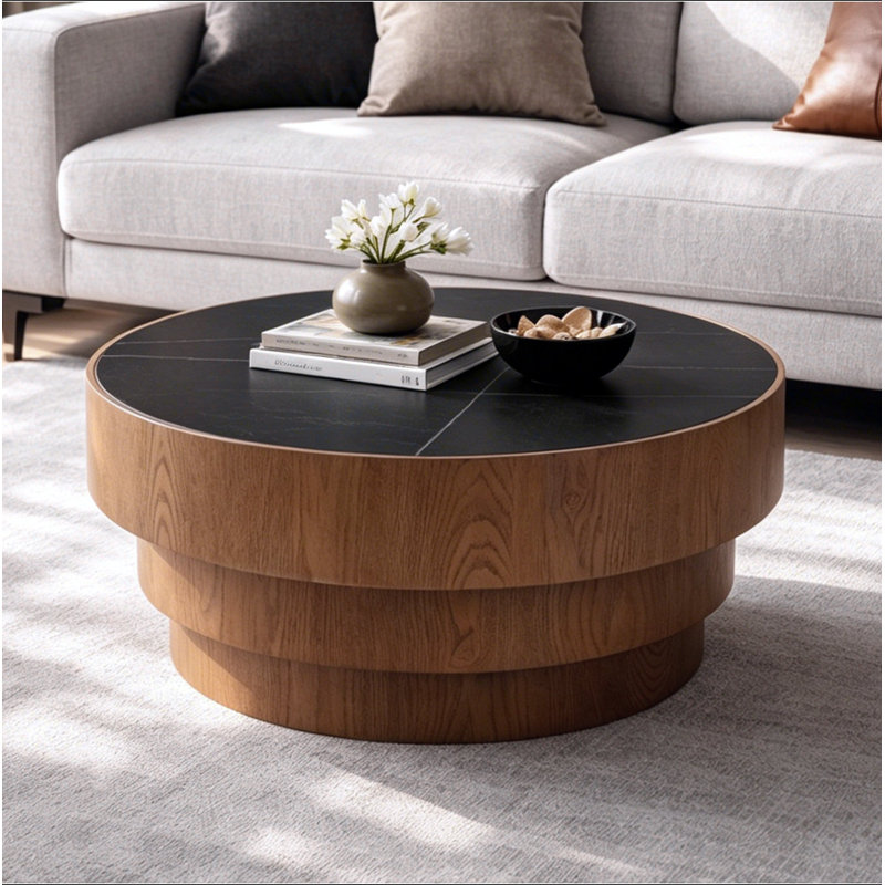 Table basse ronde de 31,5 po avec plateau en pierre frittée - Panneau de fibres à densité moyenne avec base à niveaux en placage de bois, table basse moderne à profil bas pour le salon
