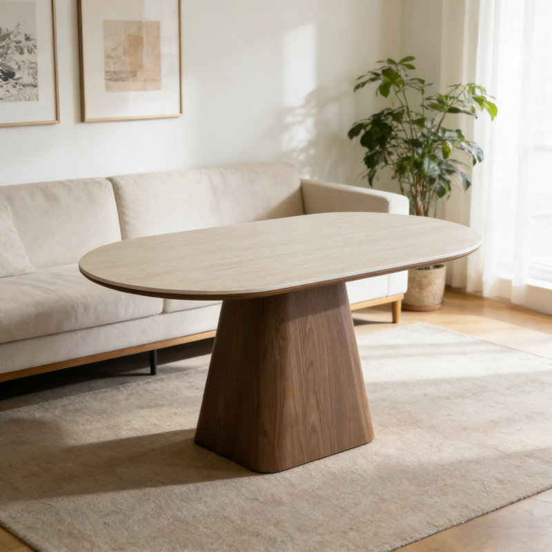 62.9" Oval Dining Table Solid Wood Walnut Veneer Base Scratch Resistant Sintered Stone Top Modern Stylish Design-- Arrtle Furniture