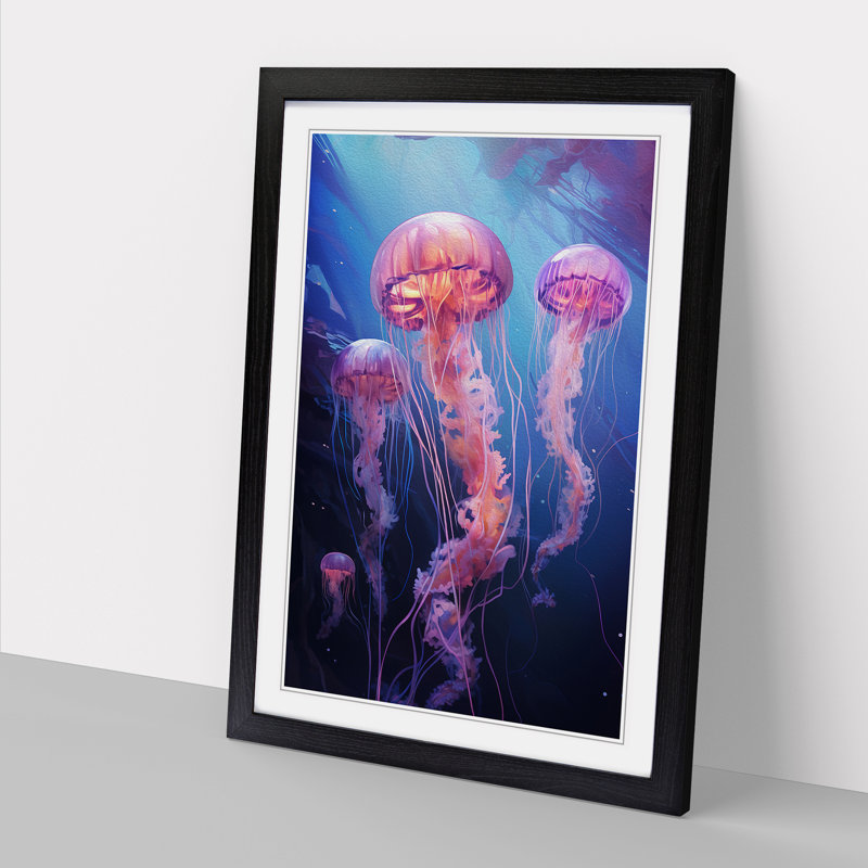 Jellyfish Realism - Single Picture Frame Print on Wood, Black, 46cm H x 34cm W x 2cm D
