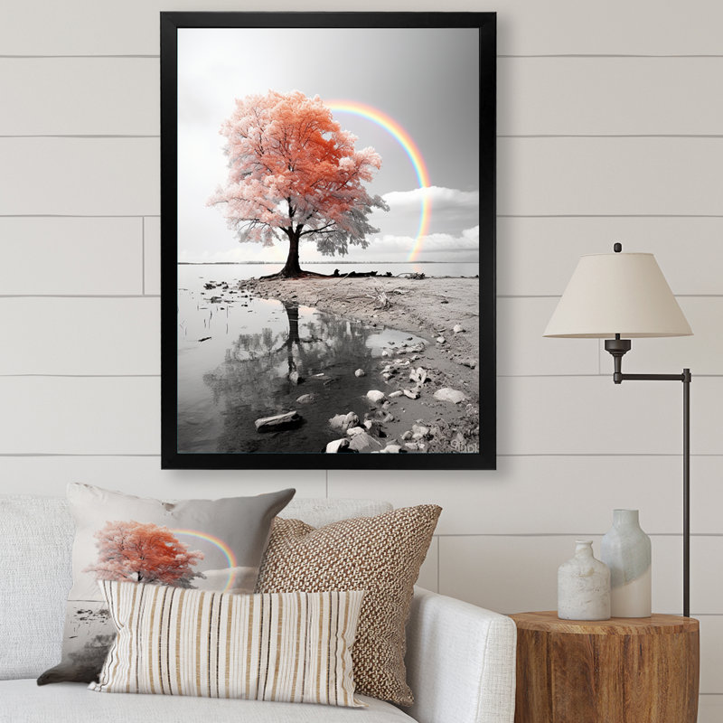 Rainbow Arc Over Pink Tree - Floral Canvas Wall Art, Cadre photo noir, H 32 po x l 16 po x P 1 po