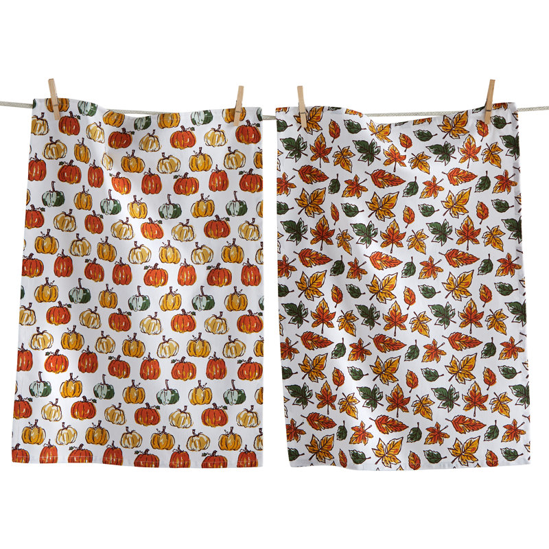 Autumn Bloom Dishtowel Set Of 2 Brown Cotton Fall Harvest, Thanksgiving, Brown