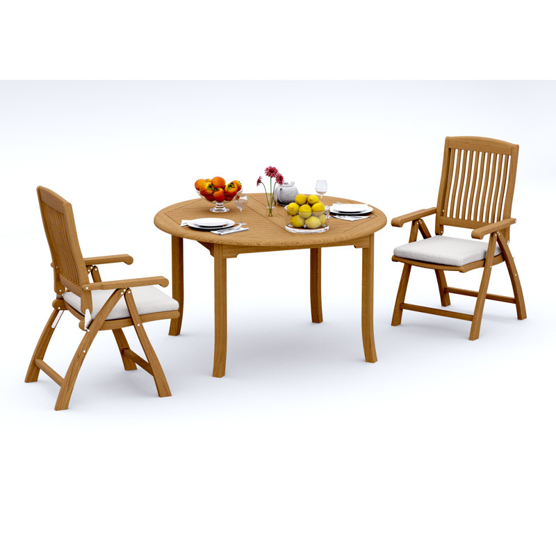 Ensemble de salle à manger 3 pièces en bois de teck de qualité A: table ronde de 52 po et 2 chaises pliantes inclinables Marley # 11MR1102