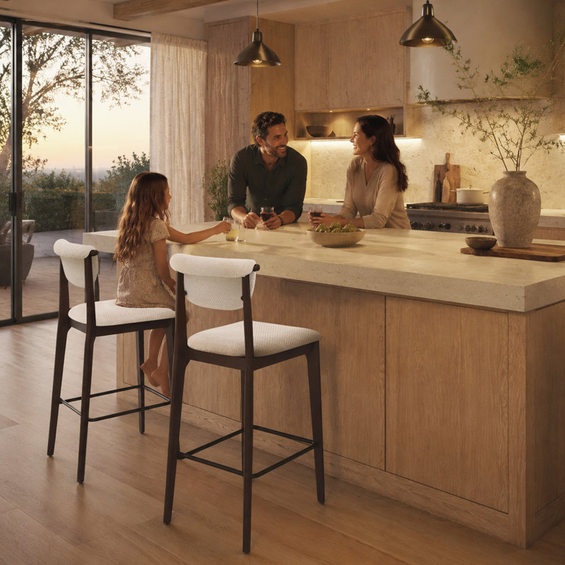 Tabouret de bar rembourré de style milieu du siècle, avec structure en bois massif, dossier incurvé et siège en tissu doux, idéal pour un îlot de cuisine moderne.