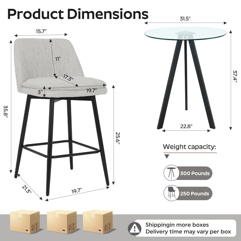 Modern 31.5'' Glass Round Bar Table with Stools Set, High Top Pub Table & 360° Swivel Linen Bar Stool, Off White, Black