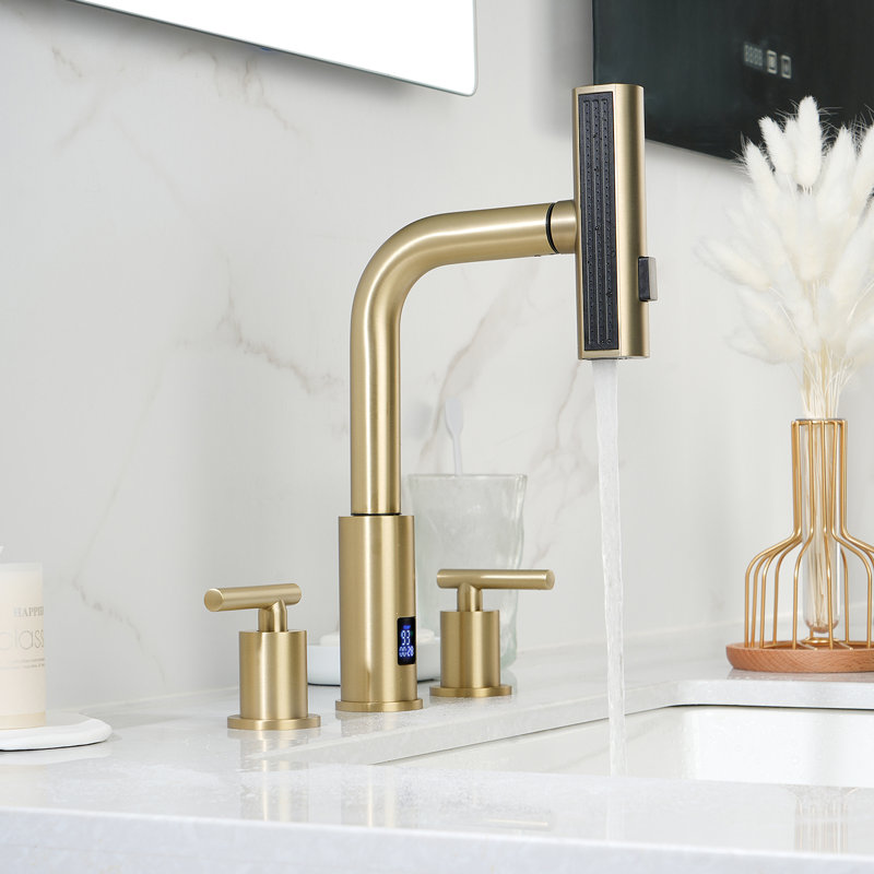 Lefton Waterfall Pull-out Bathroom Faucet 3 Hole With Temperature Display In Fahrenheit (battery-free), 8-inch Widespread Vanity Faucet For Bathroom Sink With 2 Handles