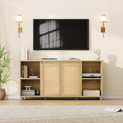 Meuble télé 63 po Mid-Century, meuble télé en rotin avec 2 armoires de rangement et 3 tablettes ouvertes