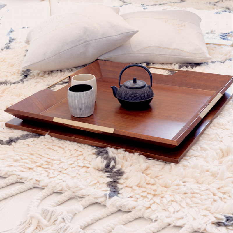Le Solid Wood Decorative Tray, Walnut, Polished Brass