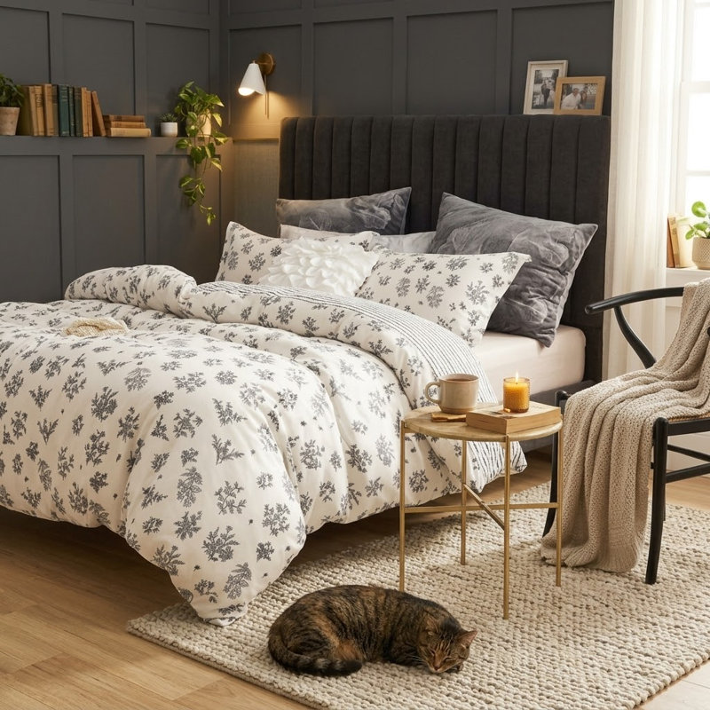Literie réversible 100 % coton à motif floral noir Parsley, Grand