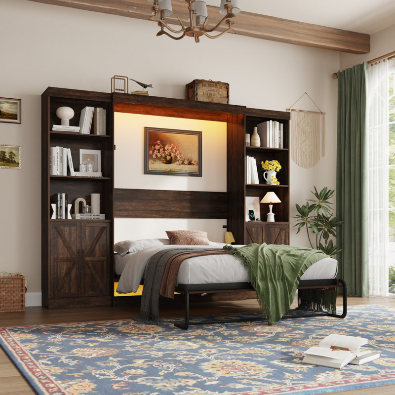Murphy Bed With 2 Side Storage Cabinets, LED Lights, And Charging Station,  No Box Spring Needed, For Home Office, Full