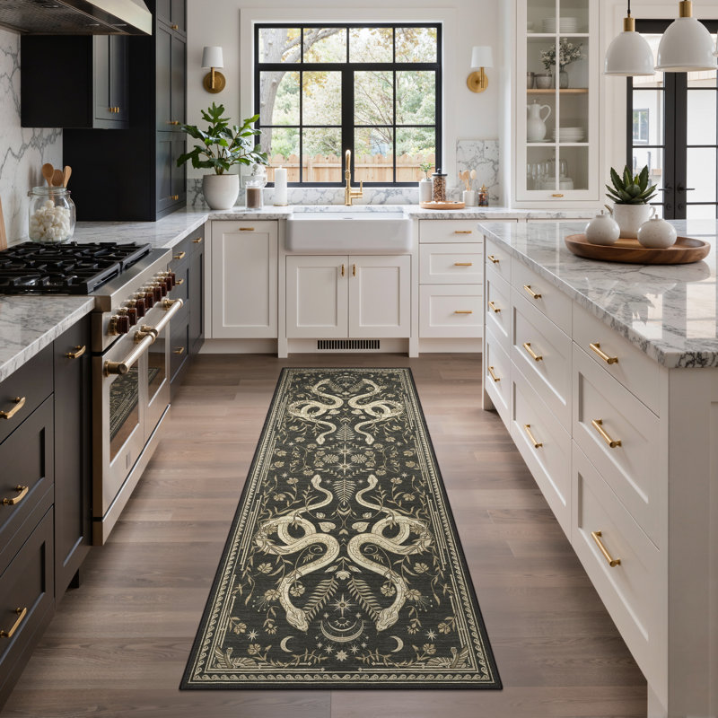 Animal Print Machine Washable Beige/Black/Green Indoor Area Rug With Non-Slip Backing, Runner 2' x 7'