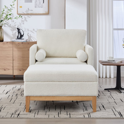 Fauteuil d'appoint carré rembourré en bois naturel avec repose-pieds en bois naturel de 35,4 po de largeur et table basse réversible pour le bureau et le salon, Boucle ivoire.