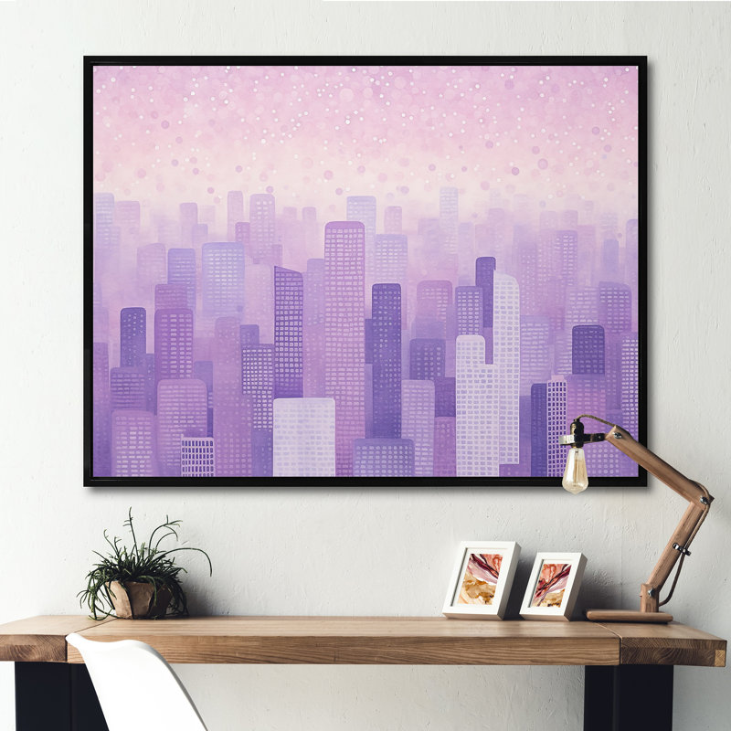 «Lilac Layers Skyscrapers», horizon urbain sur toile, Cadre flottant noir, 16" H x 32" W