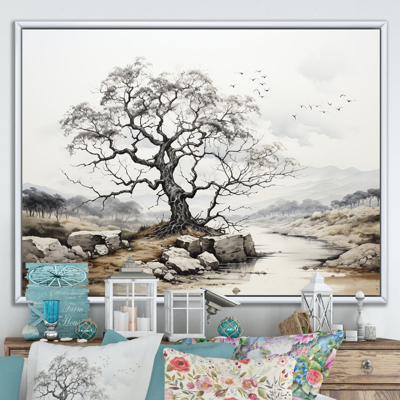 Chêne dans une palette monochromatique I sur toile, H 34 po x l 44 po x P 1,5 po, Cadre flottant blanc