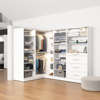 Bestar Florence 105W X 61D Modular L Shaped Walk-In Closet System With LED Lights, Rods, Shelves, And Drawers, Shaker Style