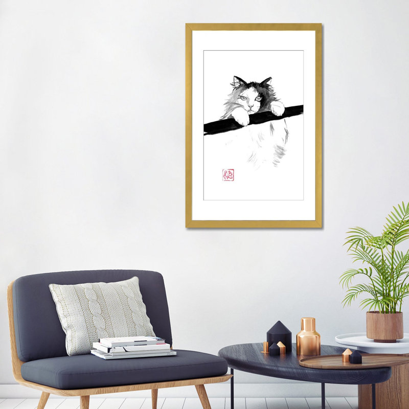 Chat japonais, reproduction d'art encadrée, papier d'art encadré, 32" x 24", Framed Paper, Gold