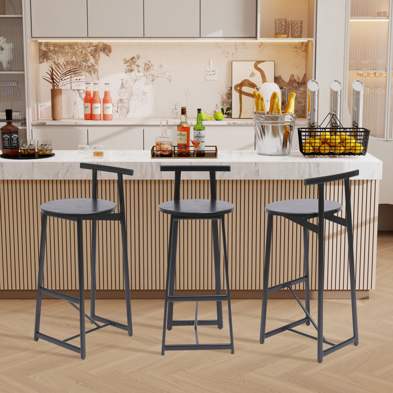 Height Counter & Bar Stools With Metal Frame(Set Of 3), Black