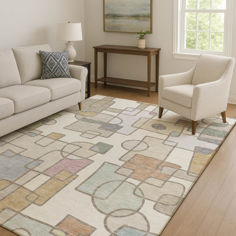 Tapis géométrique de qualité supérieure lavable à la machine Prisco, Ivoire ivoire, 3 pi x 5 pi