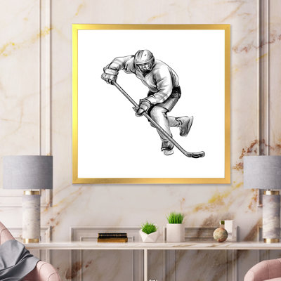 Joueur de hockey en sport d'hiver noir et blanc I - reproduction de dessin sur toile