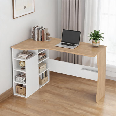 L Shaped Desk with Storage Shelves, Small Corner Desk for Small Spaces, Reversible Table with 3 Tier Shelves, Home Office, Writing Study Gaming Desk Oak Wood