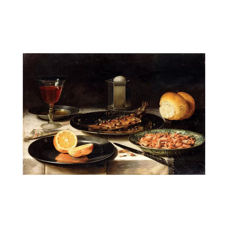 A Herring With Capers And A Sliced Orange On Plates And A Bowl Of Shrimp On A Table by Clara Peeters - Wrapped Canvas Print