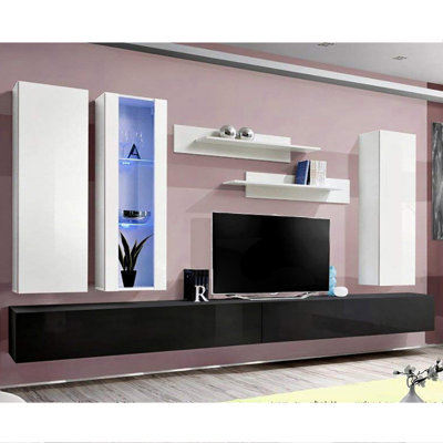 Vinyard 126" Modern Floating Wall Mounted Entertainment Center with 16-Color LED Lighting, High Gloss Finish