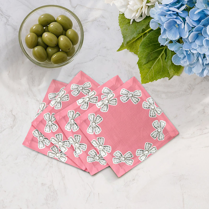 Pearl Bow Cotton Sateen Cocktail Napkins, Pink