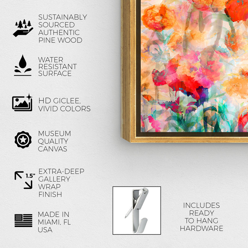 Fleurs abstraites colorées - reproduction d'art sur toile, Encadrement doré, H 36 po x l 54 po x P 1,5 po