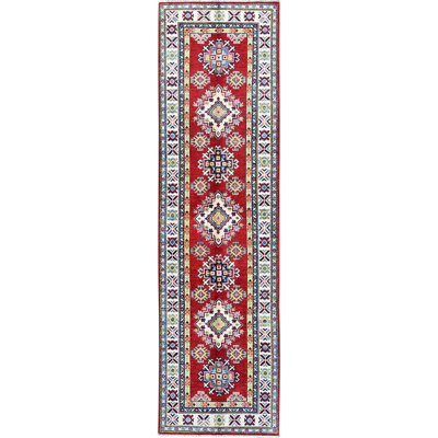 2'8"x9'6" Crimson Red, Kazak with Geometric Medallions Design, Hand Knotted, Soft and Shiny Wool, Vegetable Dyes, Denser Weave, Runner, Oriental Rug
