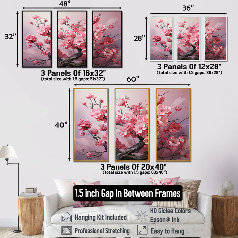Cerisier rose Elegance In Bloom I - Art mural cerisier en fleurs, Cadre flottant noir, H 28 po x l 36 po x P 1 po