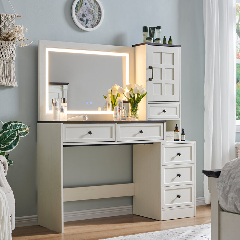 Farmhouse Vanity Desk with Touch Screen LED Mirror, 47" Big Make Up Table with 6 Drawers, Glass Top, Charging Station