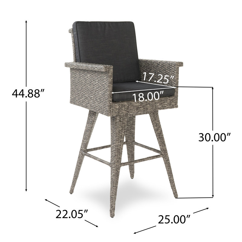 Tabouret de bar d'extérieur en osier avec coussins résistants à l'eau, conception résistante aux intempéries pour patio et jardin, 1 pièce, gris